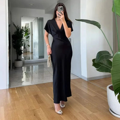 Janna V Neck Satin Midi Dress