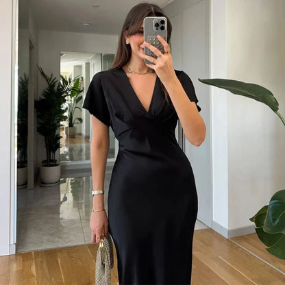 Janna V Neck Satin Midi Dress