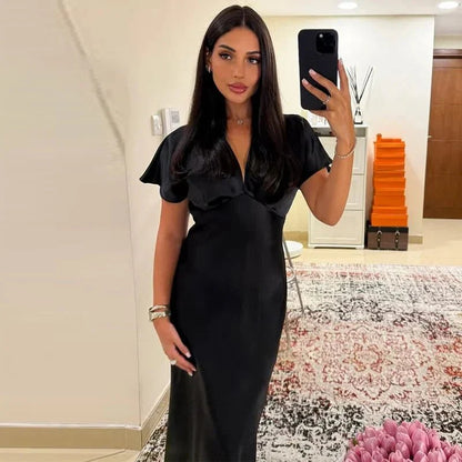 Janna V Neck Satin Midi Dress