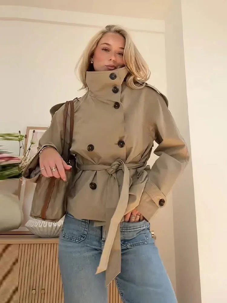 Kara Stand Collar Belted Crop Trenchcoat