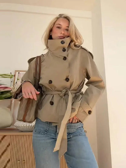 Kara Stand Collar Belted Crop Trenchcoat
