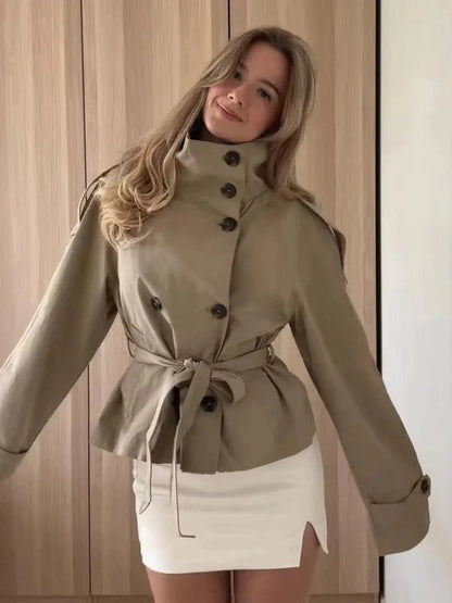 Kara Stand Collar Belted Crop Trenchcoat